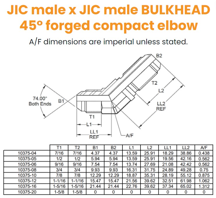 7/16 JIC M/M 45° Bulkhead Forged Elbow Hydraulic Adaptor